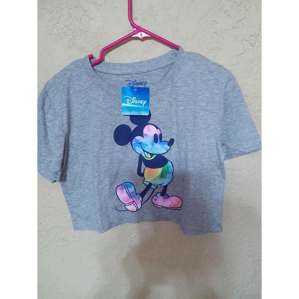 Disney Mickey Mouse Rainbow Tie Dye Graphic Crop Top Gray Small NWT